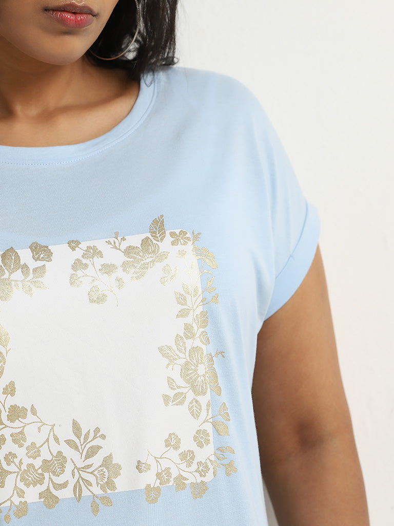 Gia Light Blue Floral Printed Cotton T-Shirt