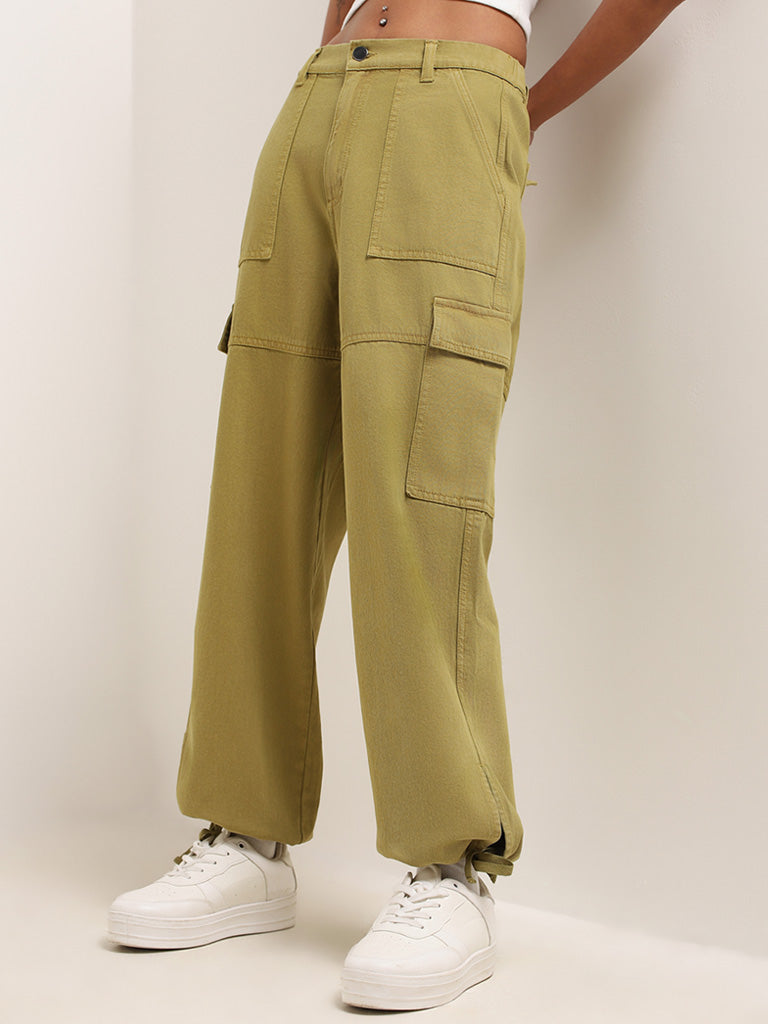 Nuon Olive Denim High Rise Relaxed Fit Cargo Jeans