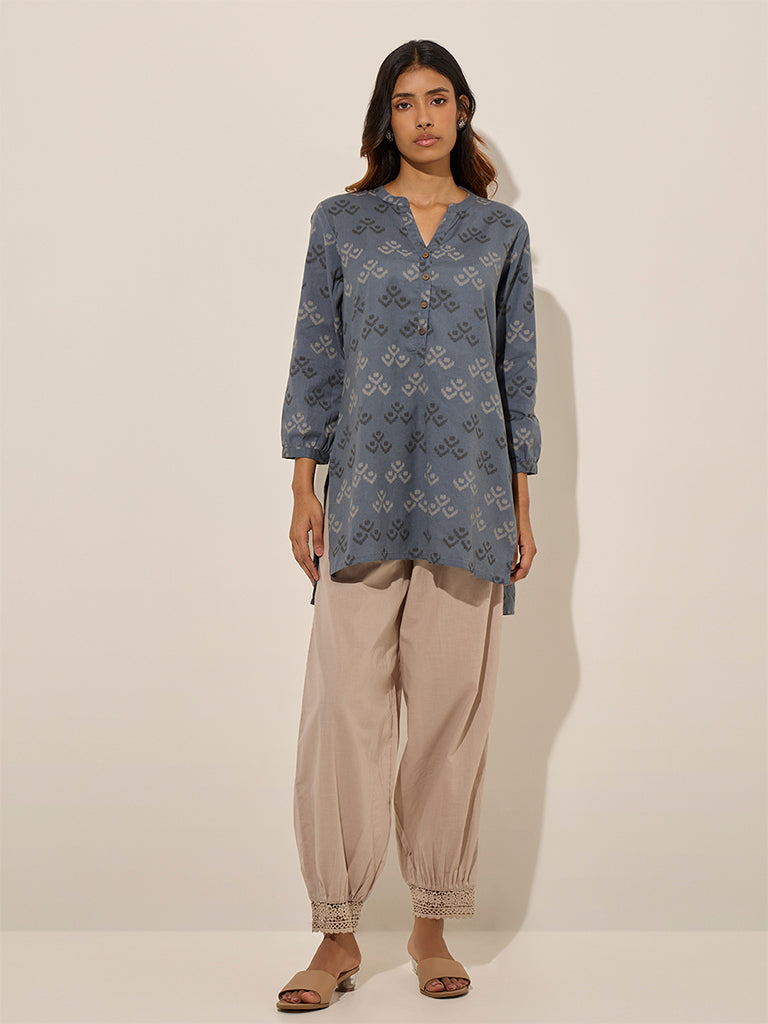 Utsa Dusty Blue Ikat Printed High-Low Cotton-Blend Kurti