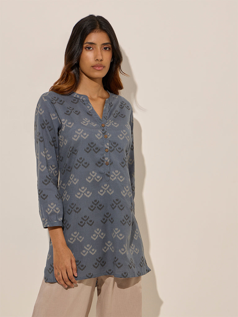 Utsa Dusty Blue Ikat Printed High-Low Cotton-Blend Kurti