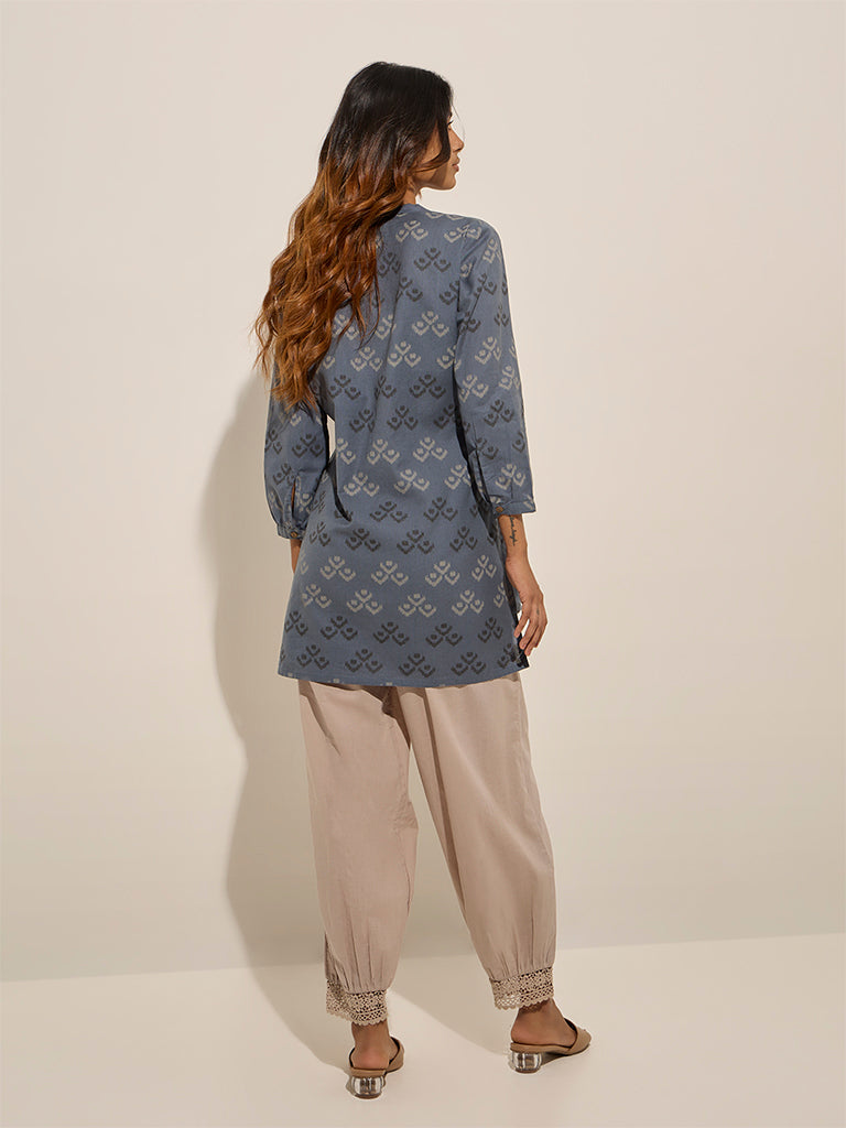 Utsa Dusty Blue Ikat Printed High-Low Cotton-Blend Kurti
