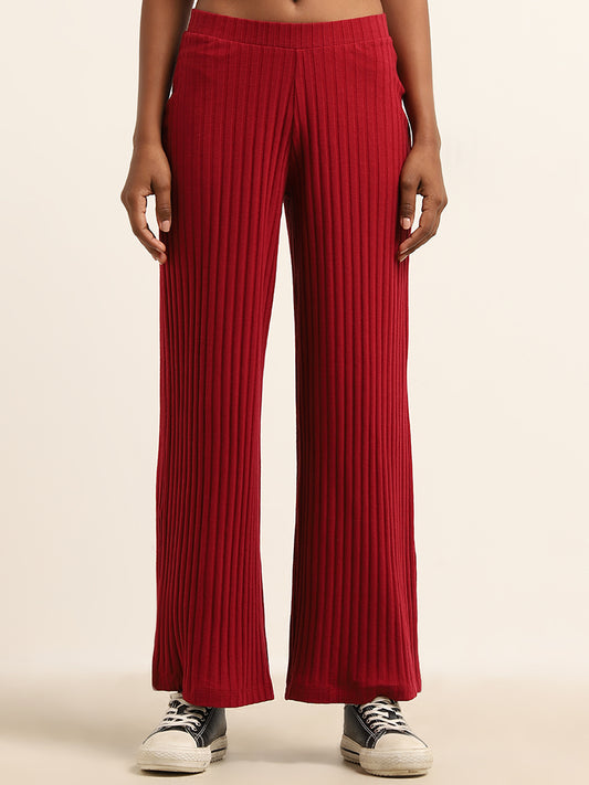 Superstar Maroon Cotton Blend Ribbed High-Rise Pants