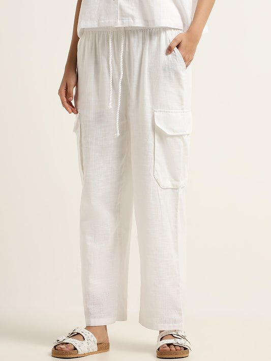 Superstar White Wide-Leg Cotton High-Rise Cargo Pants