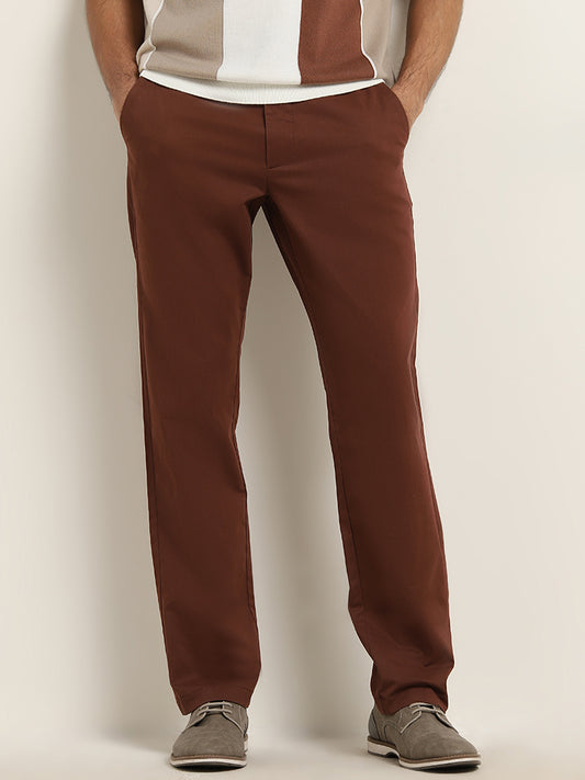 Ascot Dark Brown Relaxed-Fit Mid Rise Cotton Blend Chinos