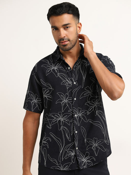 Ascot Navy Floral Print Relaxed Fit Blended Linen Shirt
