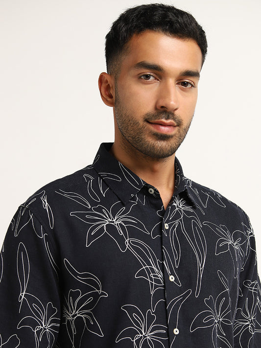 Ascot Navy Floral Print Relaxed Fit Blended Linen Shirt