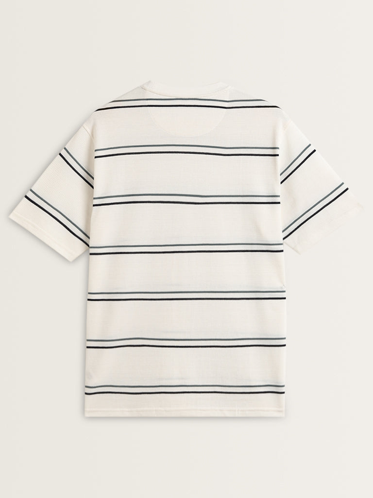 Westside WES Lounge Men's White Stripe Printed Cotton T-Shirt for Casual Wear Flatly Back view