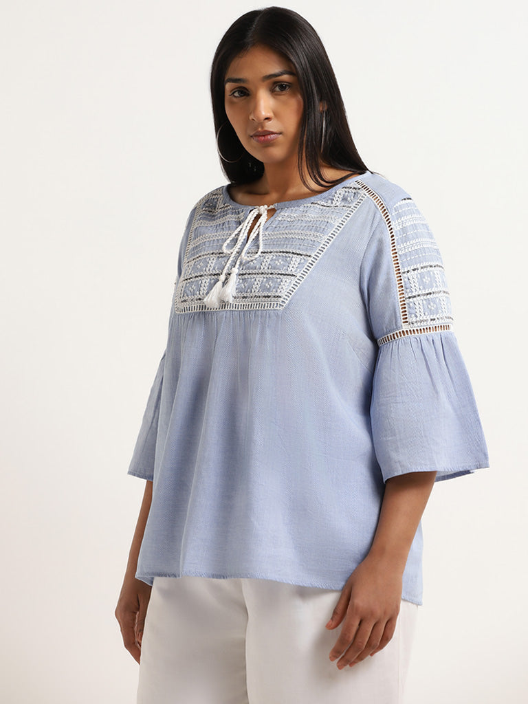 Gia Blue Tie-Up Embroidered Cotton Blend Top