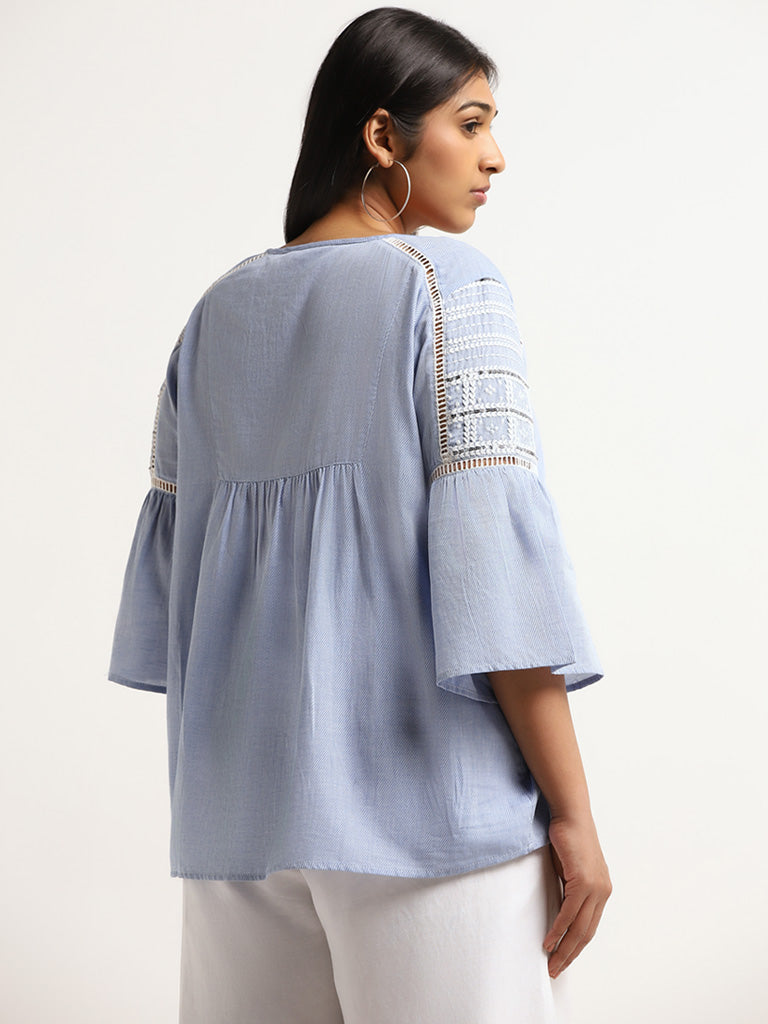 Gia Blue Tie-Up Embroidered Cotton Blend Top