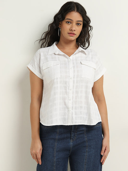 Gia Curves White Checkered Printed Cotton Shirt