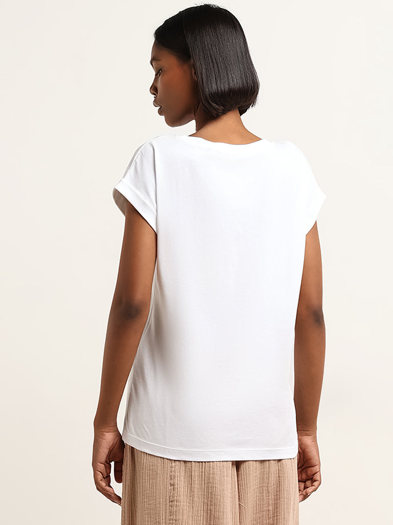 Studiofit White Printed Cotton T-Shirt