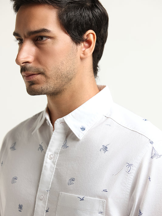 WES Casuals White Printed Cotton Relaxed Fit Shirt