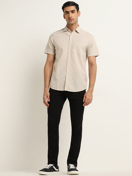 WES Casuals Beige Floral Design Slim-Fit Blended Linen Shirt