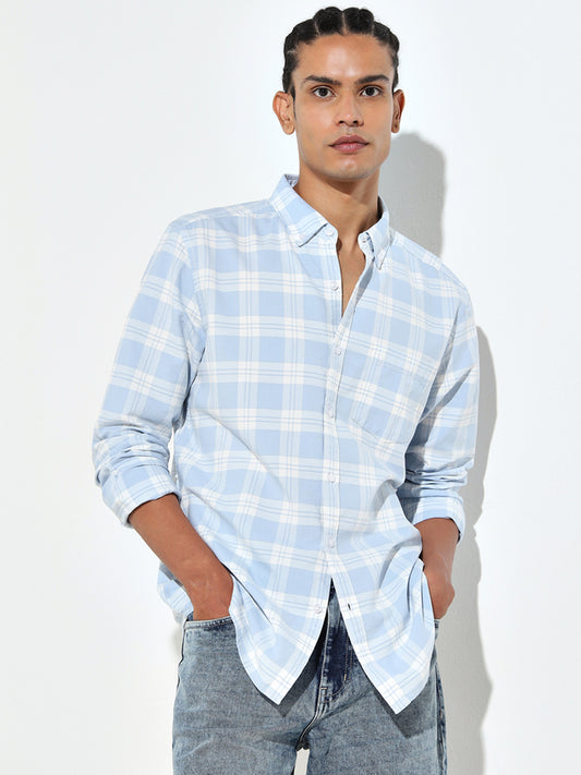 WES Casuals Light Blue Checkered Print Slim Fit Shirt