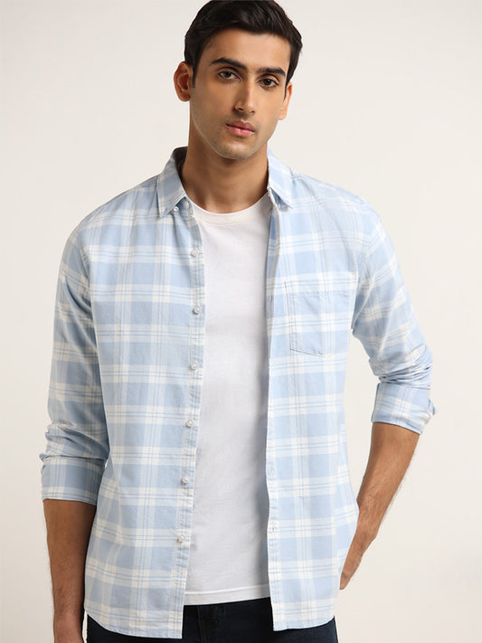 WES Casuals Light Blue Checkered Print Slim Fit Shirt