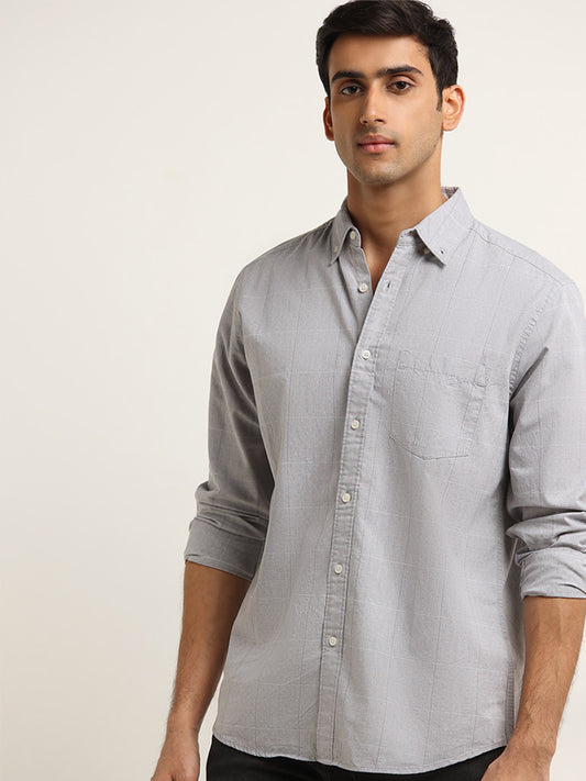 WES Casuals Grey Checkered Print Relaxed Fit Shirt