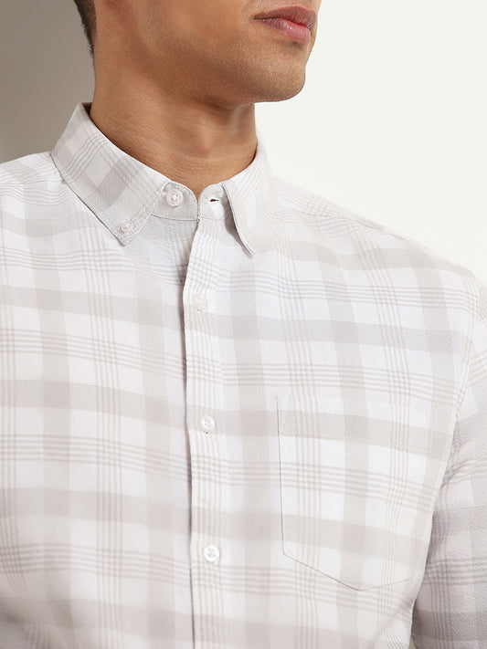 WES Casuals Grey Cotton Slim Fit Checkered Shirt