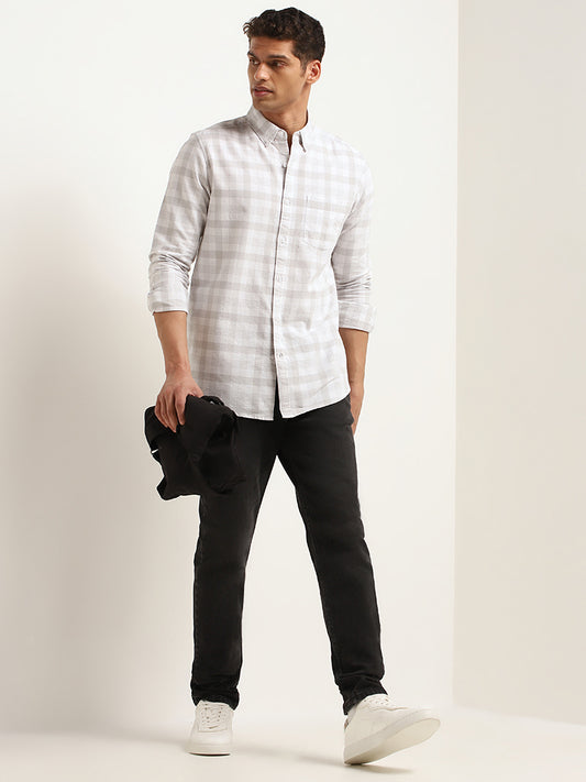 WES Casuals Grey Cotton Slim Fit Checkered Shirt