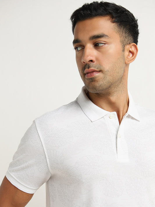 WES Casuals Light Grey Leaf-Printed Slim Fit Polo T-Shirt