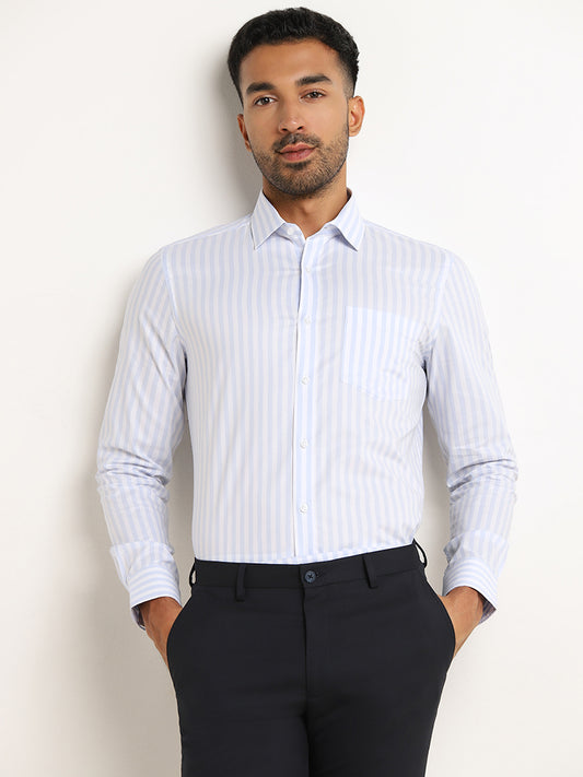 WES Formals Light Blue Striped Slim Fit Shirt