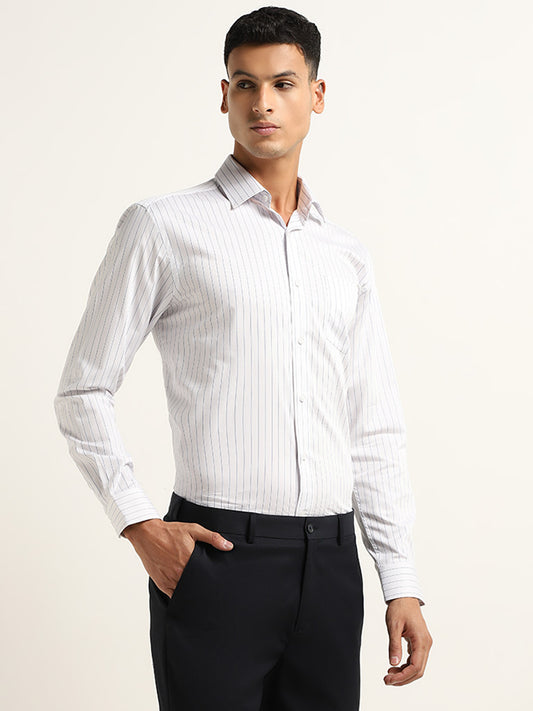 WES Formals White Stripe Patterned Relaxed Fit Shirt