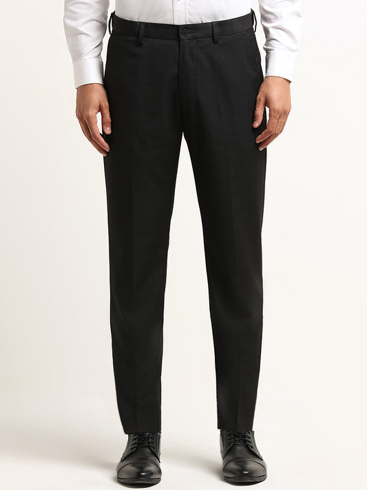 WES Formals Black Checked Relaxed Fit Mid Rise Trousers