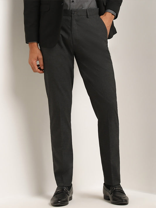 WES Formals Dark Grey Slim Fit Mid Rise Trousers