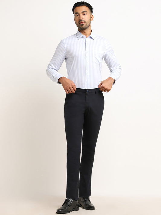 WES Formals Navy Ultra Slim Fit Mid Rise Trousers
