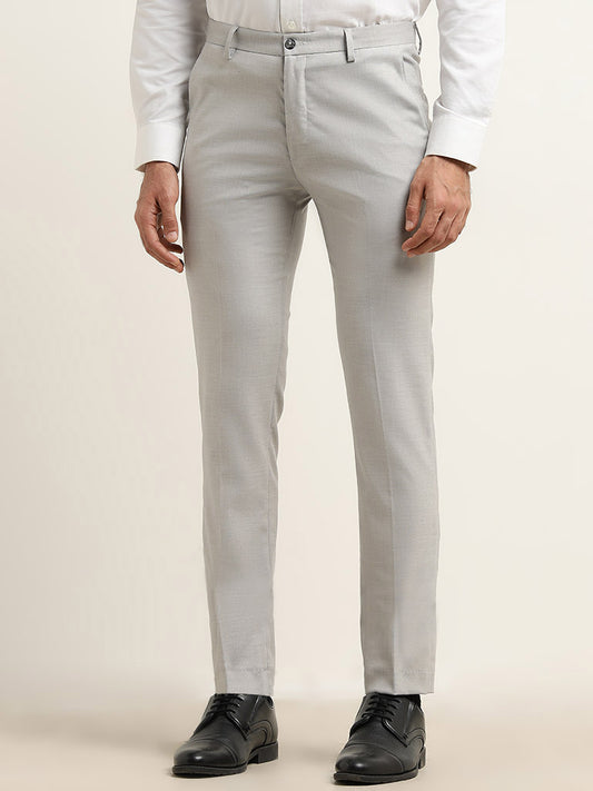 WES Formals Grey Ultra-Slim Fit Mid-Rise Cotton Blend Trousers
