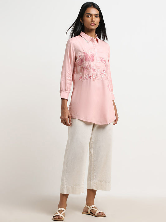 Utsa Pink Floral Embroidered Straight Tunic