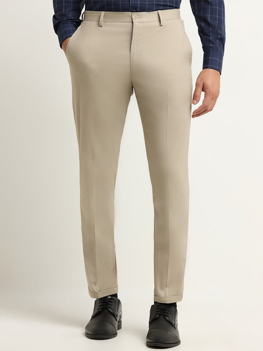 WES Formals Beige Carrot Fit Mid Rise Trousers