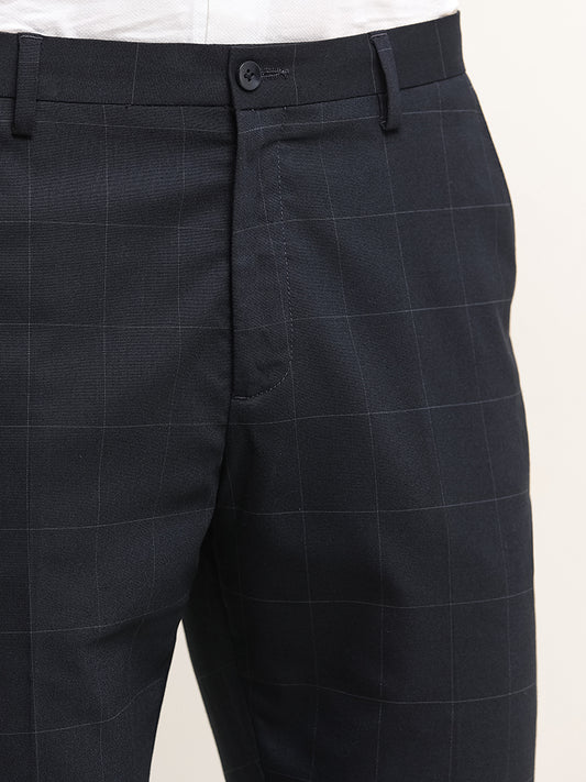 WES Formals Blue Mid-Rise Slim-Tapered Checked Trousers