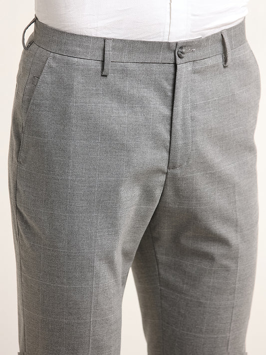 WES Formals Grey Mid Rise Slim Tapered Fit Checked Trousers