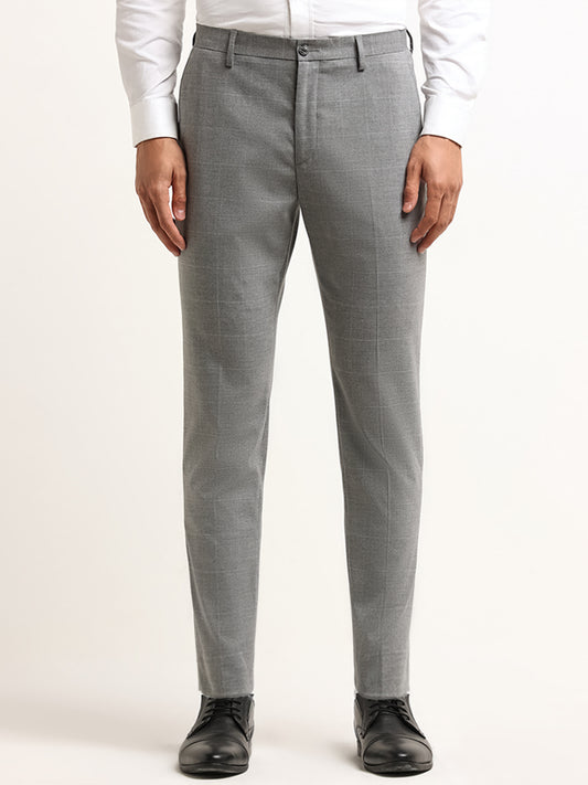 WES Formals Grey Mid Rise Slim Tapered Fit Checked Trousers