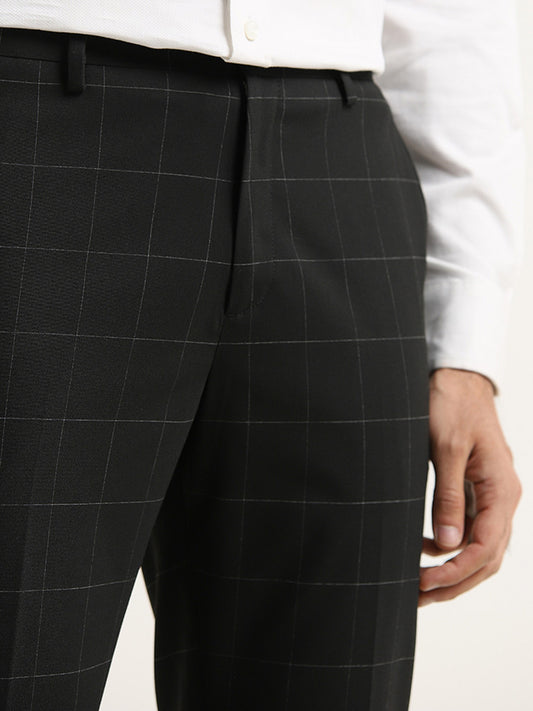 WES Formals Black Mid Rise Slim Tapered Fit Checked Trousers