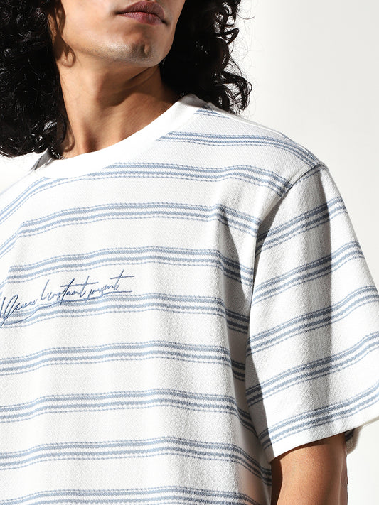 Nuon Blue Striped Cotton Relaxed Fit T-Shirt