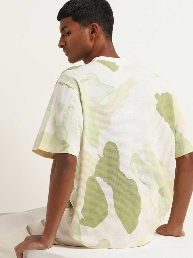 Nuon Green Abstract Print Cotton Blend Relaxed Fit T-Shirt