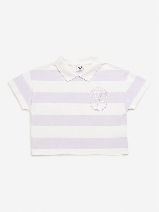 Y&F Kids Lilac Stripes Printed Polo Crop T-Shirt