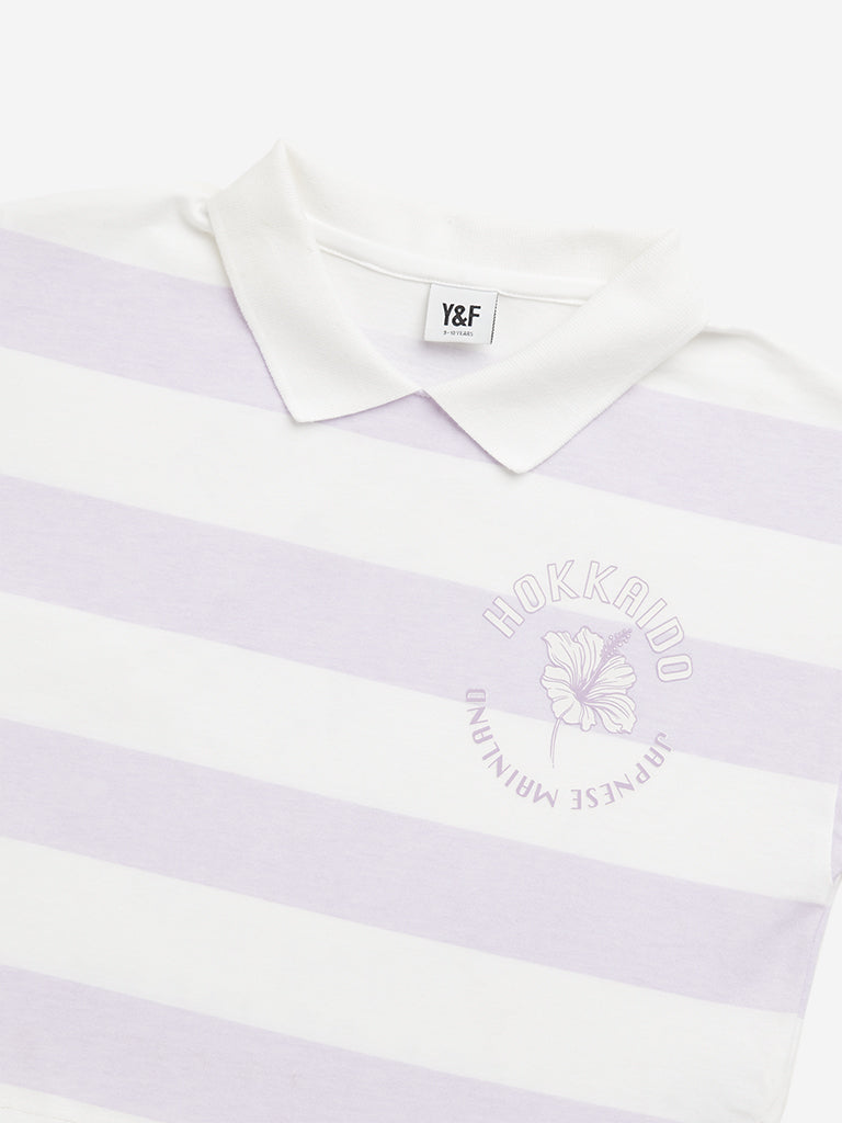 Westside Y&F Girl's Lilac Stripes Printed Polo Crop Cotton T-Shirt for Casual Wear Zoomed View
