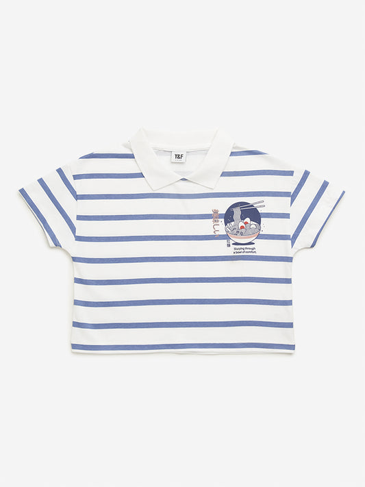 Y&F Kids Blue Stripes Printed Polo Crop T-Shirt