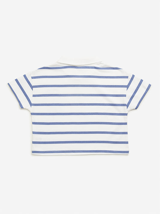 Y&F Kids Blue Stripes Printed Polo Crop T-Shirt