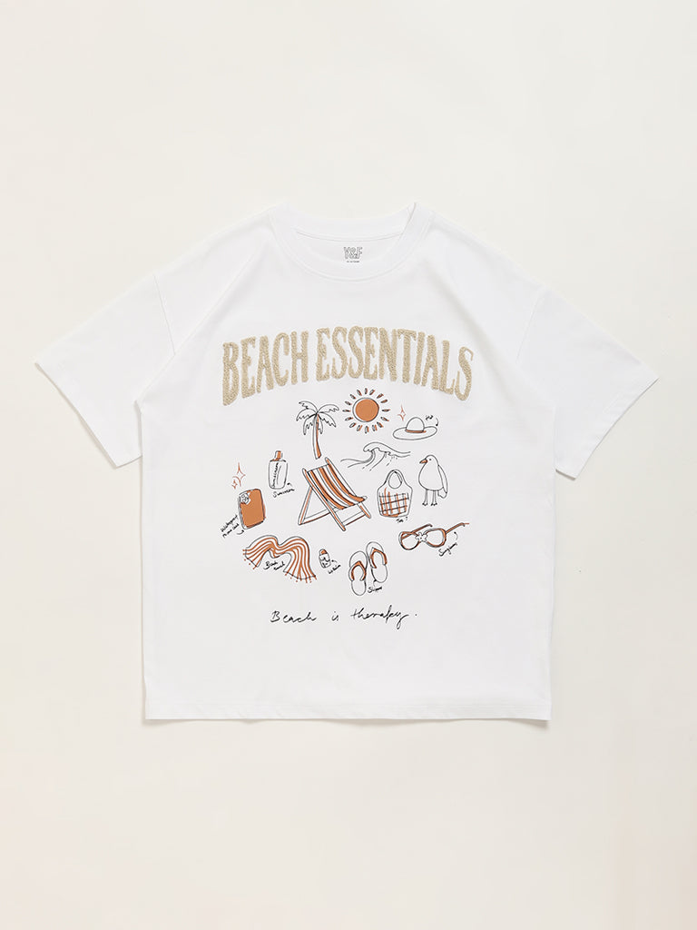 Y&F Kids White Graphic Printed Cotton T-Shirt