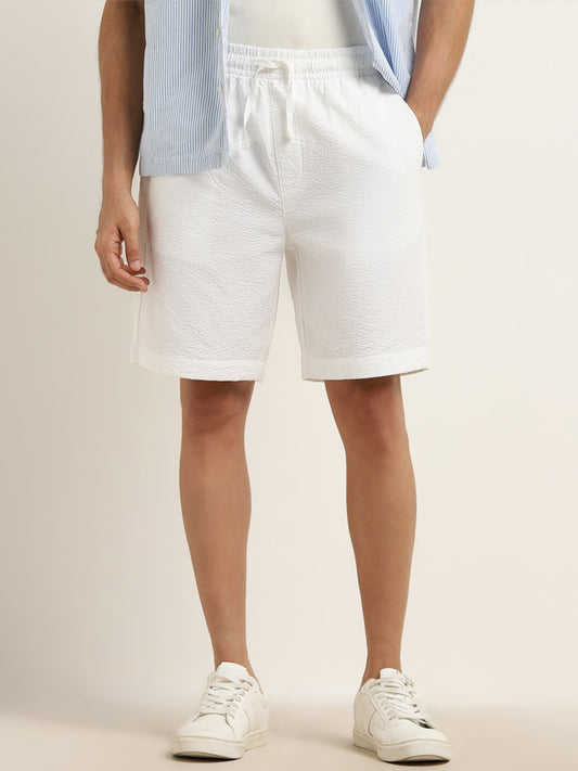 WES Lounge White Textured Mid-Rise Relaxed Fit Shorts