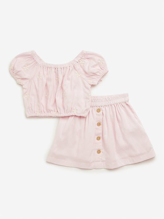 HOP Kids Pink Floral Top & Mid Rise Skirt Set