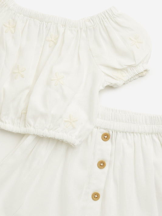 HOP Kids White Floral Top & Mid Rise Skirt Set