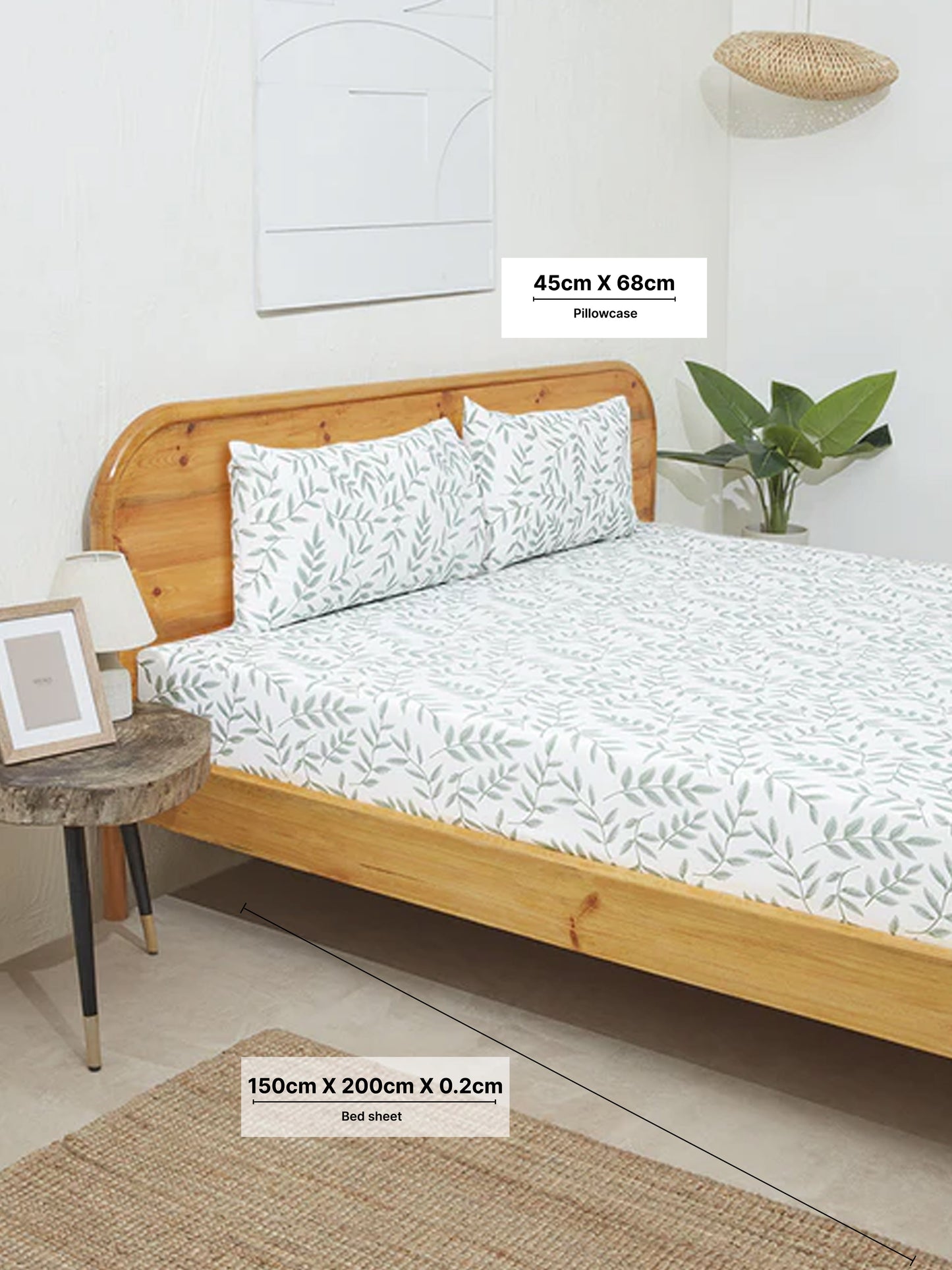 Westside Home Sage Leaf Design Double Bed Fitted Sheet and Pillowcase Set