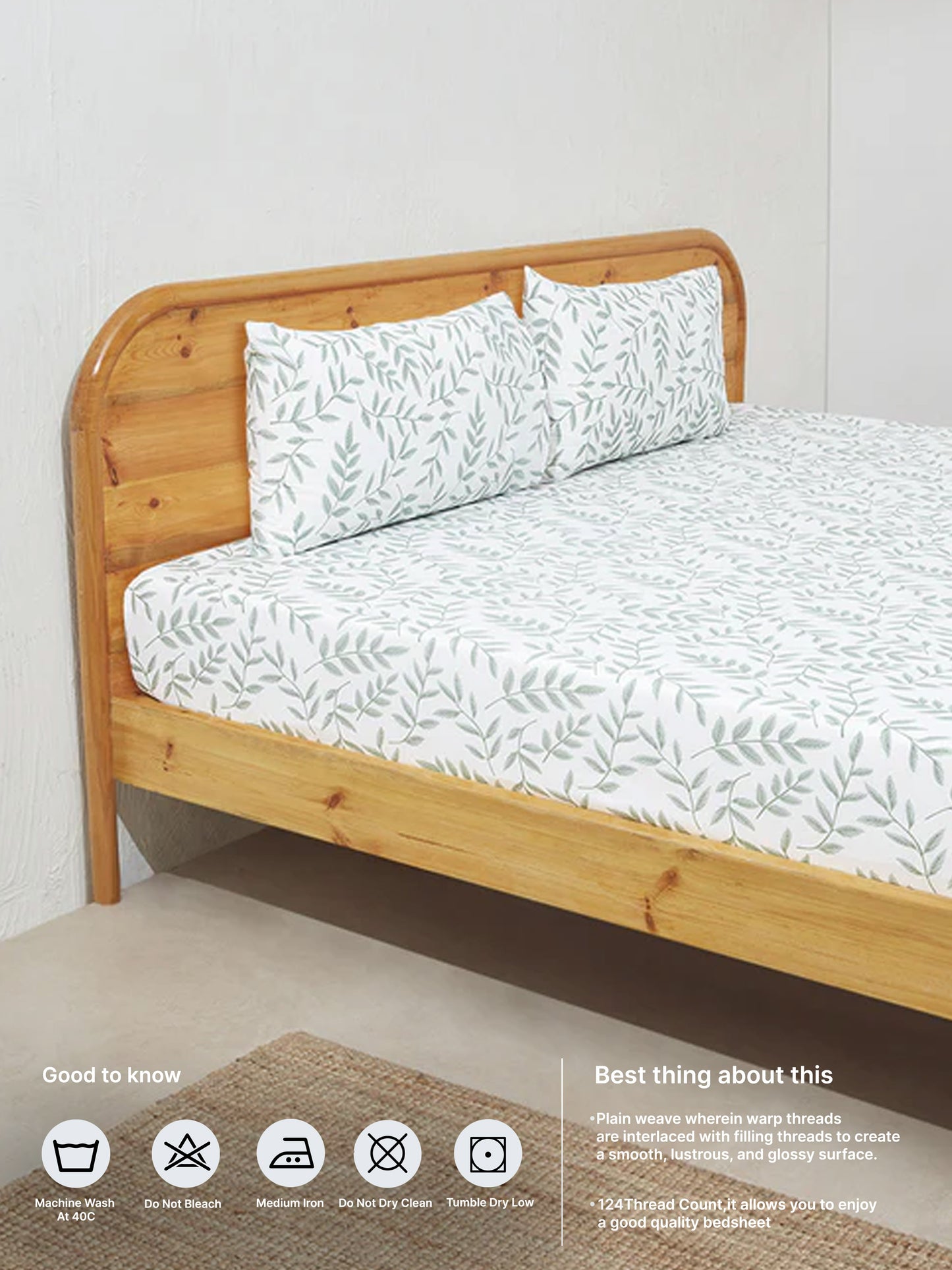 Westside Home Sage Leaf Design Double Bed Fitted Sheet and Pillowcase Set