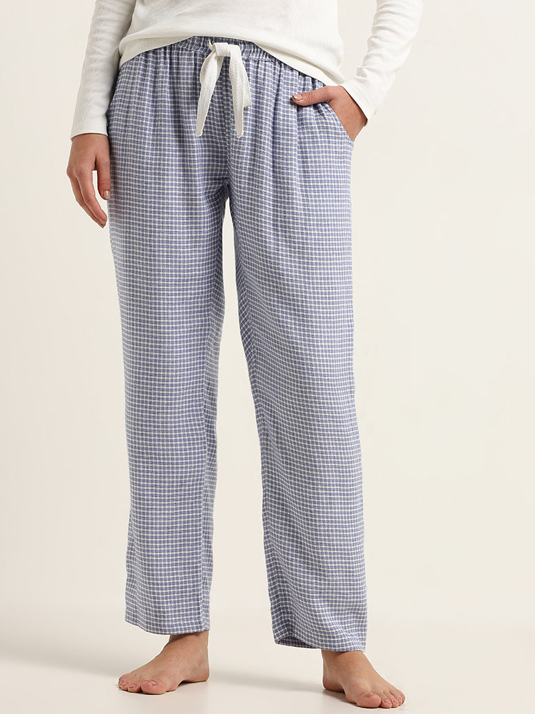 Wunderlove Blue Checkered Mid Rise Pyjamas