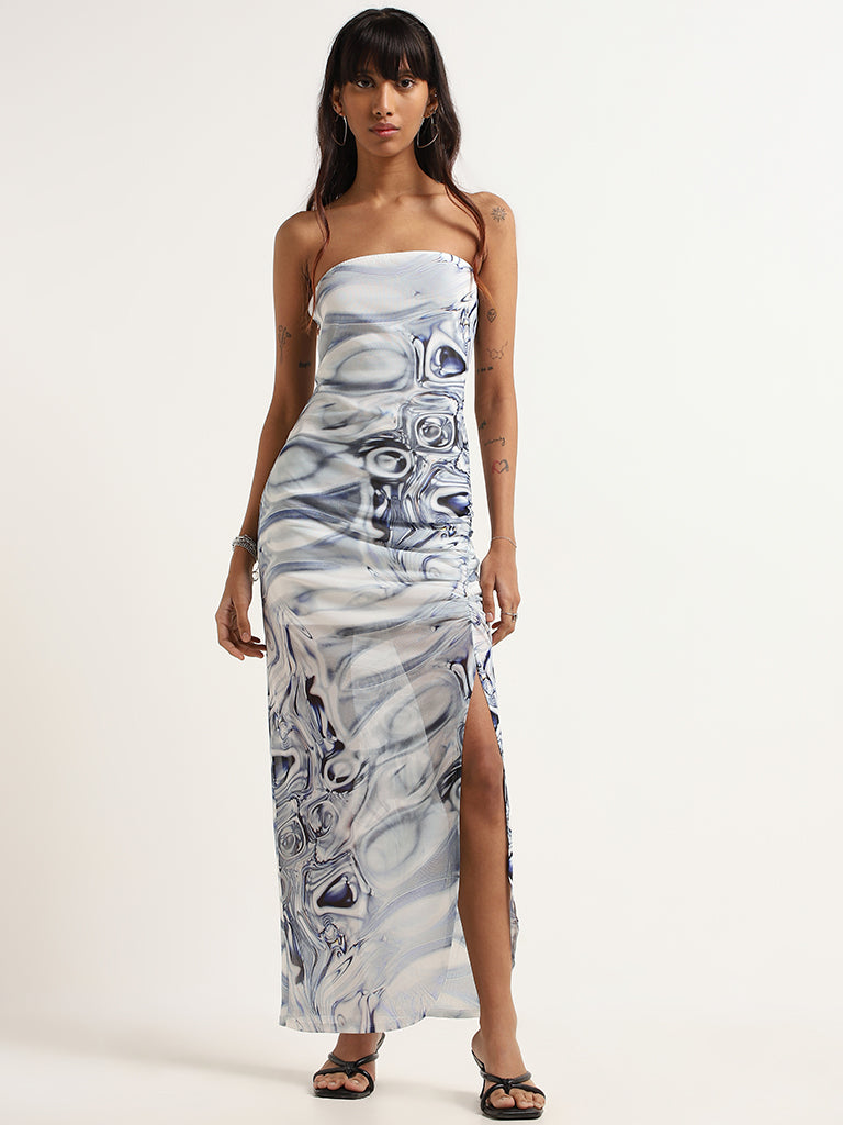 Buy Nuon Blue Marble Print Strapless Dress from Westside