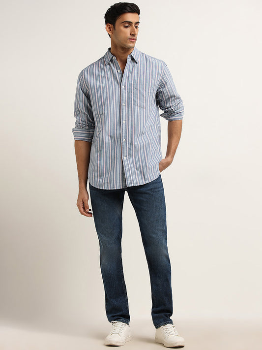WES Casuals Blue Cotton Striped Relaxed Fit Shirt